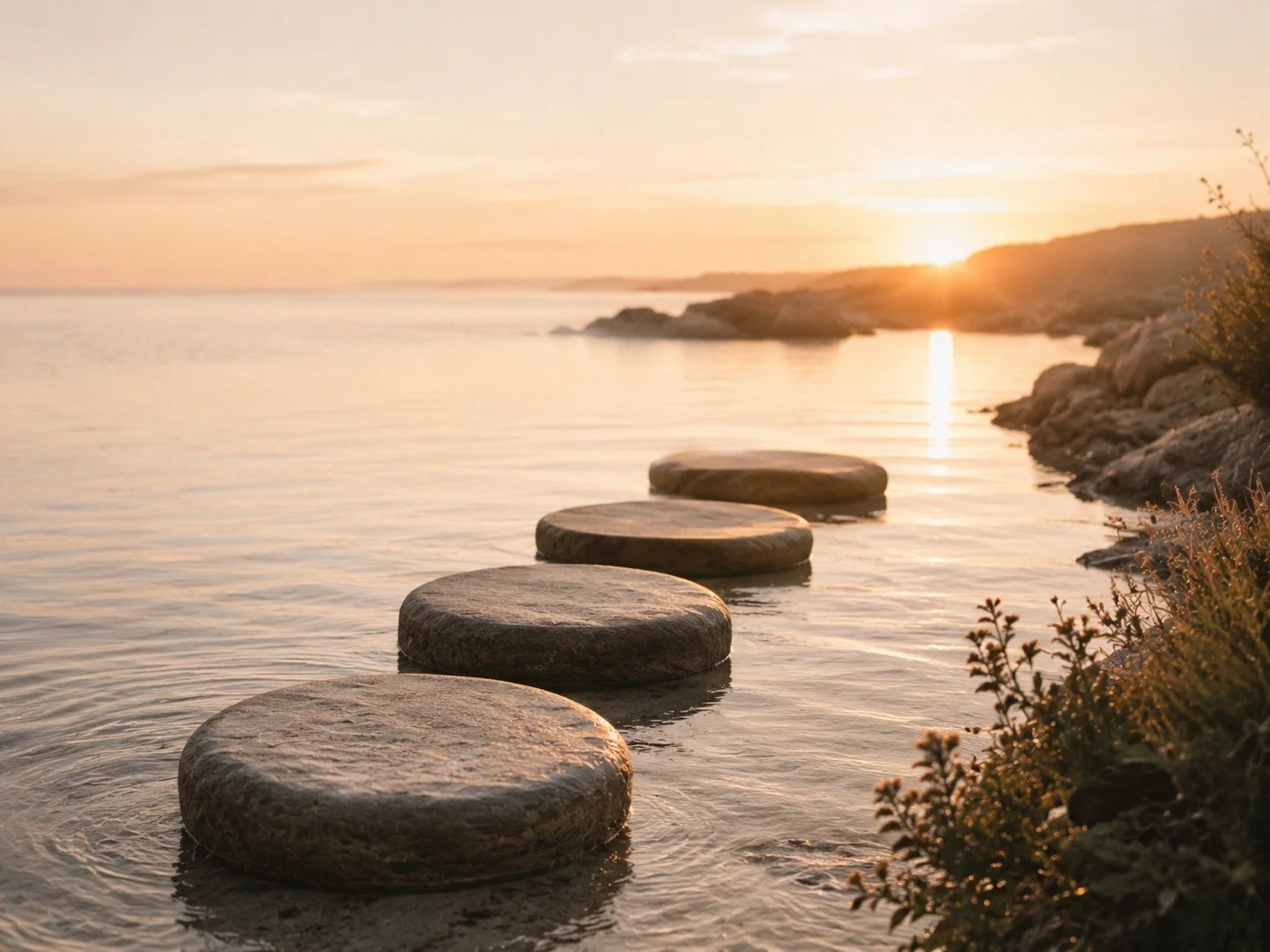 Four large flat stepping stones leading into a calm body of water at sunset, with gentle ripples, rocky shoreline on the right, and a warm glow in the sky.