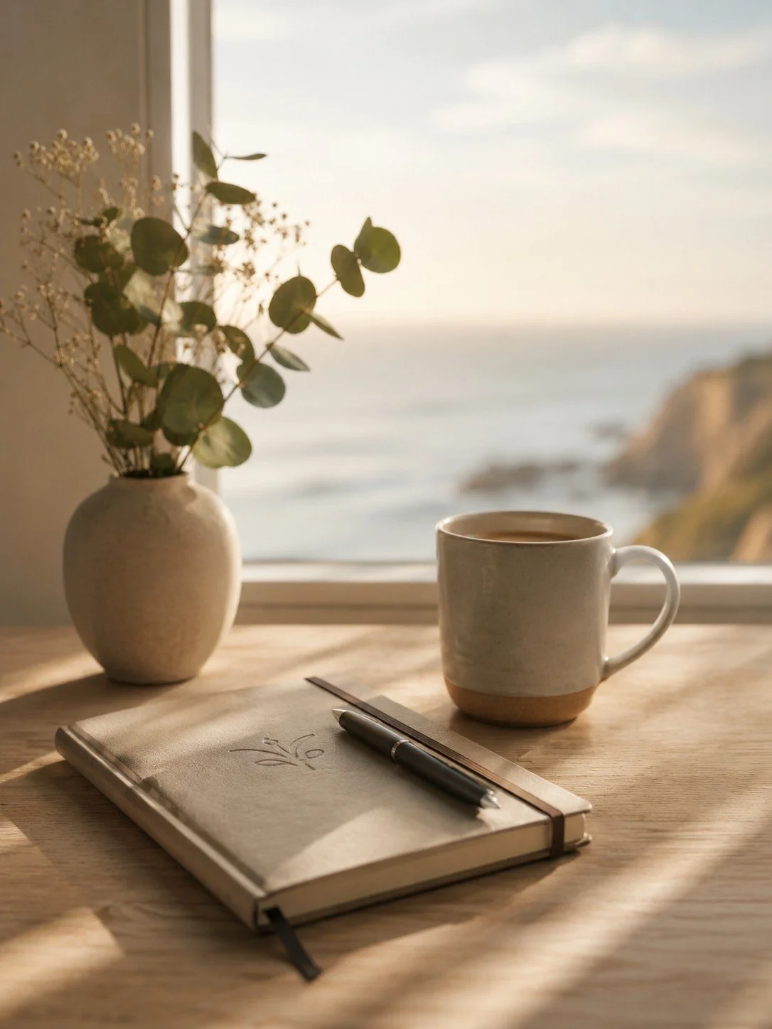 A wooden desk with a notebook, a pen, a coffee mug, and a vase of greenery, with a view of the ocean and cliffs outside a window.
