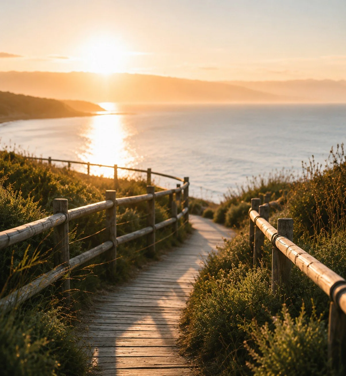 A wooden pathway with railings leading towards the ocean during sunset, surrounded by green bushes, with the sun reflecting on the water.