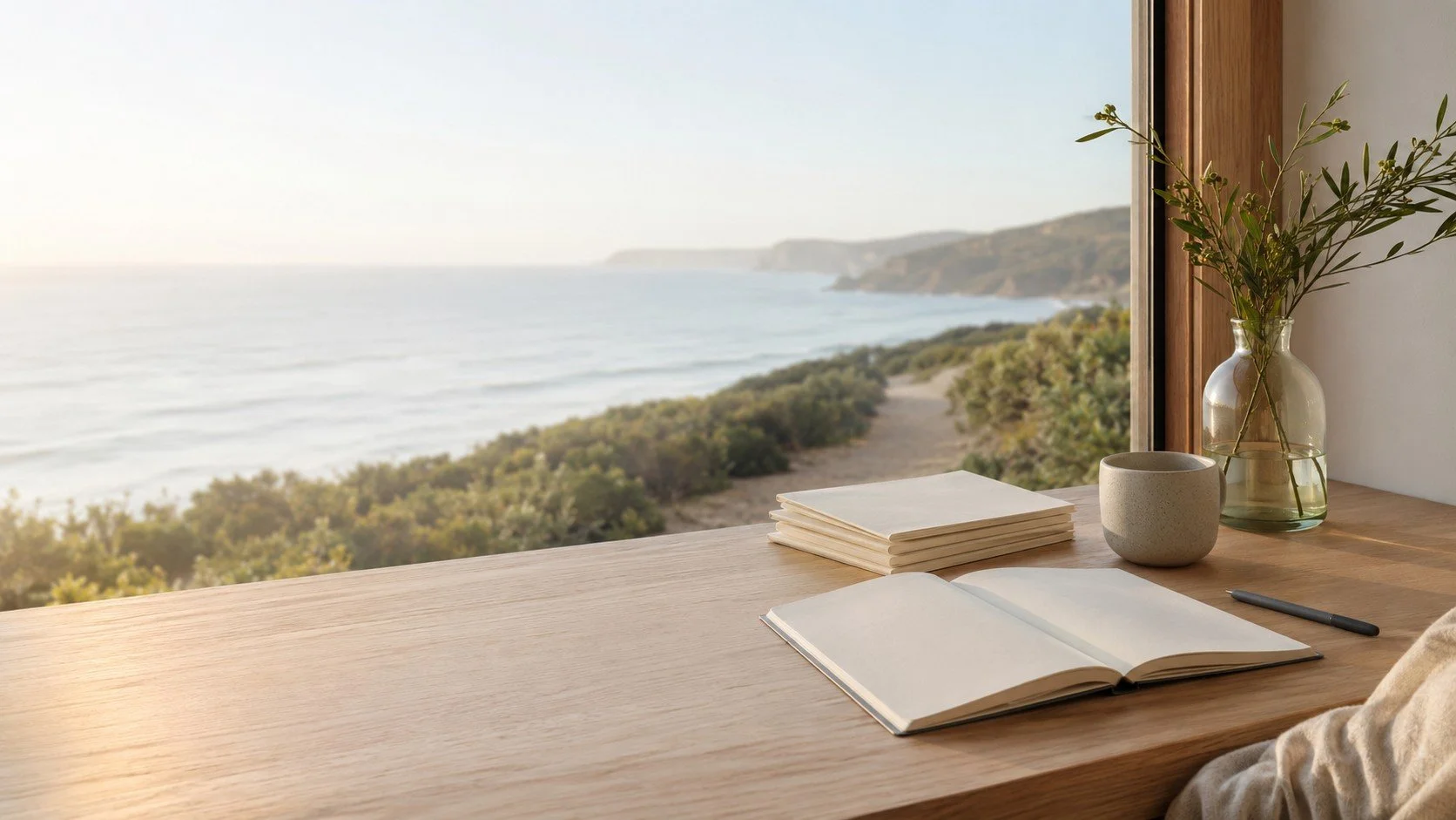 A wooden desk near a window overlooking the ocean, with a vase of green leaves, a ceramic cup, a closed notebook, a pen, and a stack of papers on the desk.