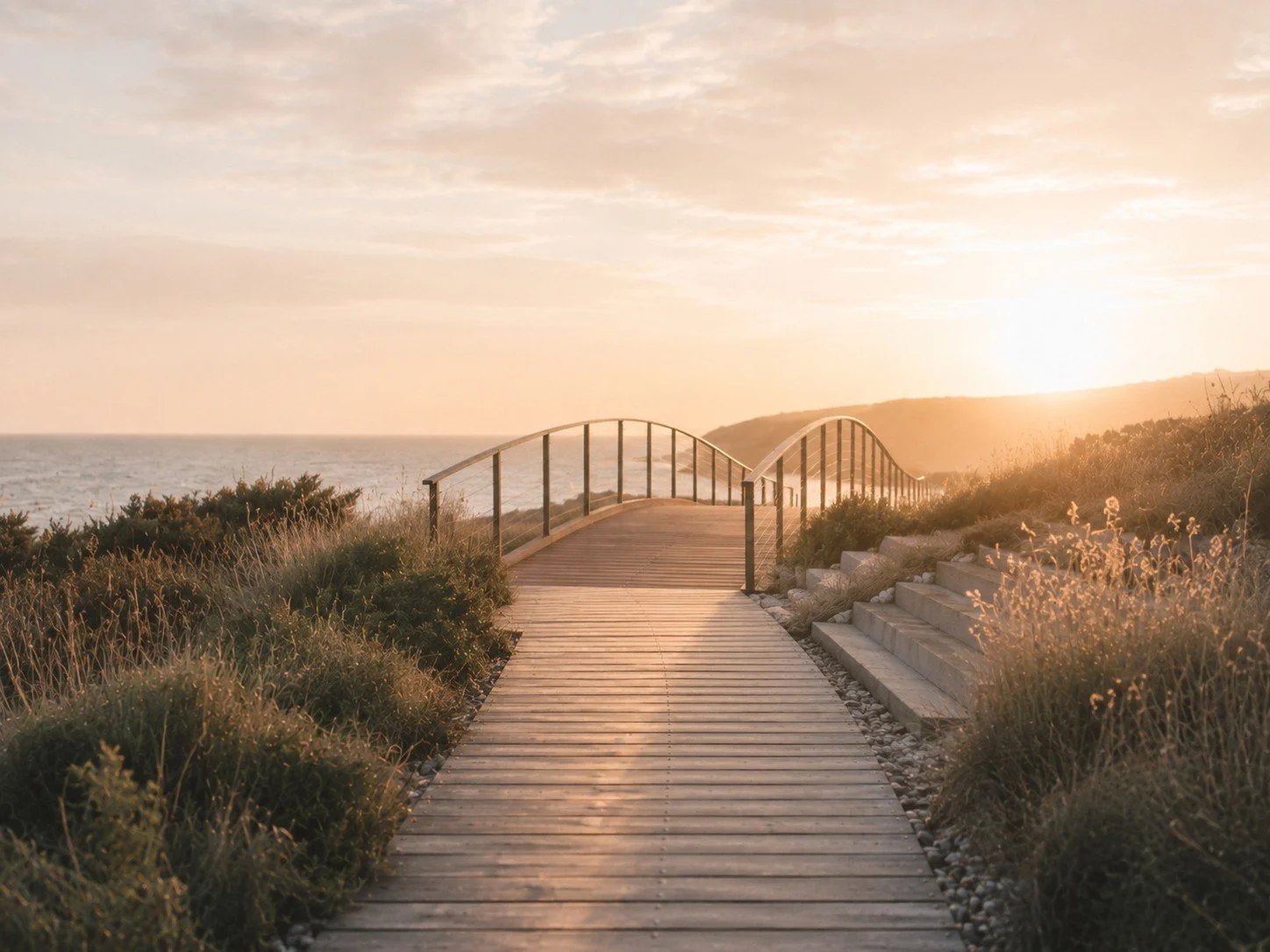 Wooden path with a railing leading to steps on the right, overlooking a beach with the ocean in the distance, during sunset or sunrise.