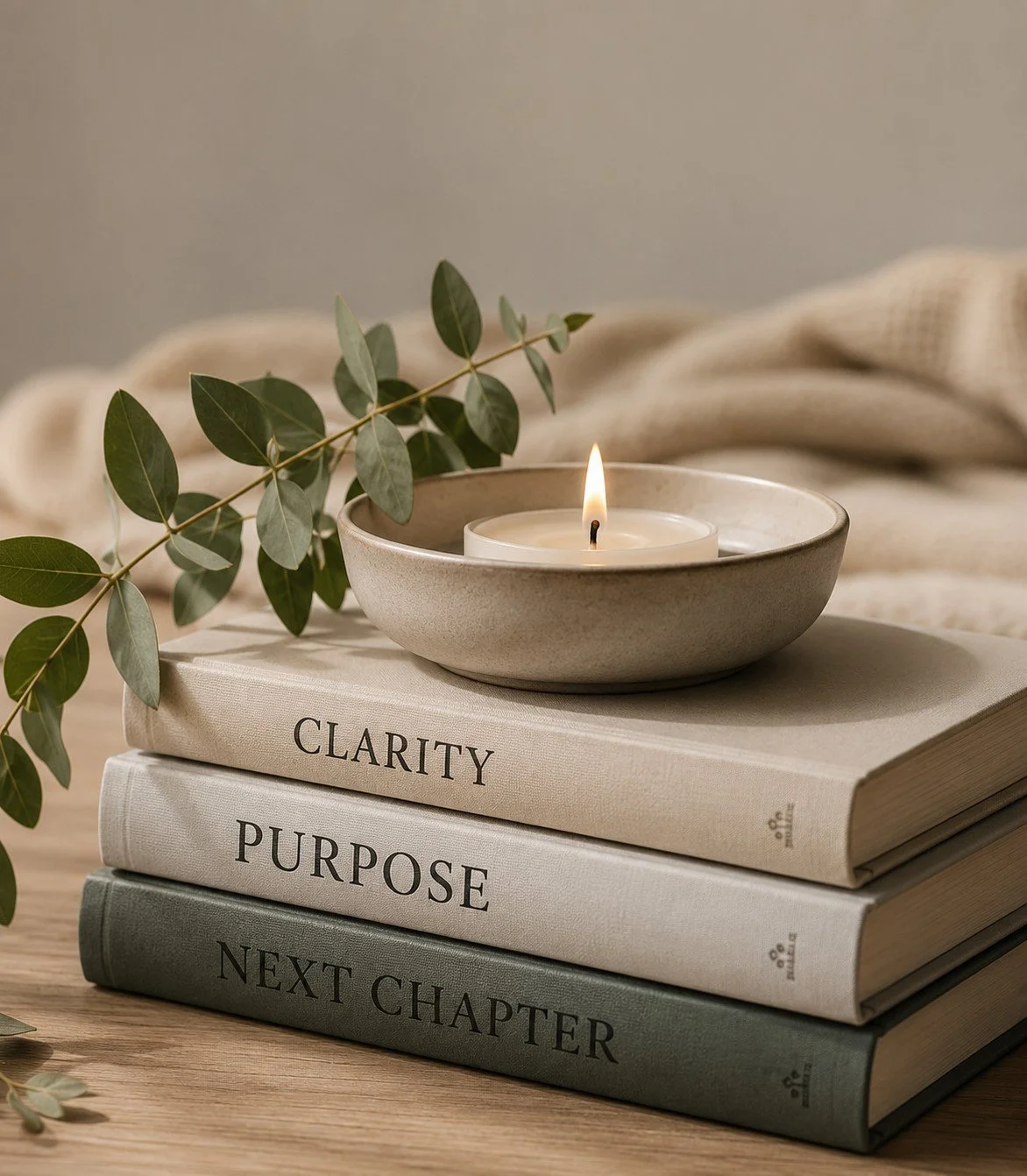 Stack of three neutral-colored books titled 'Clarity,' 'Purpose,' and 'Next Chapter' with a lit candle and eucalyptus leaves on top, on a wooden surface with a soft background.