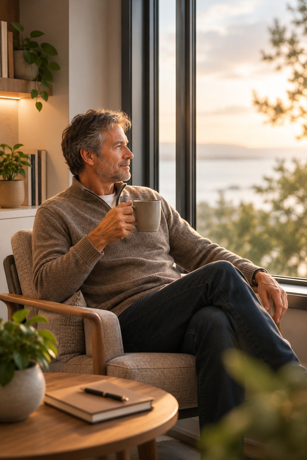 A mature man sitting in a cozy living room, holding a mug and looking out a large window at a sunset over a body of water, surrounded by plants and books.