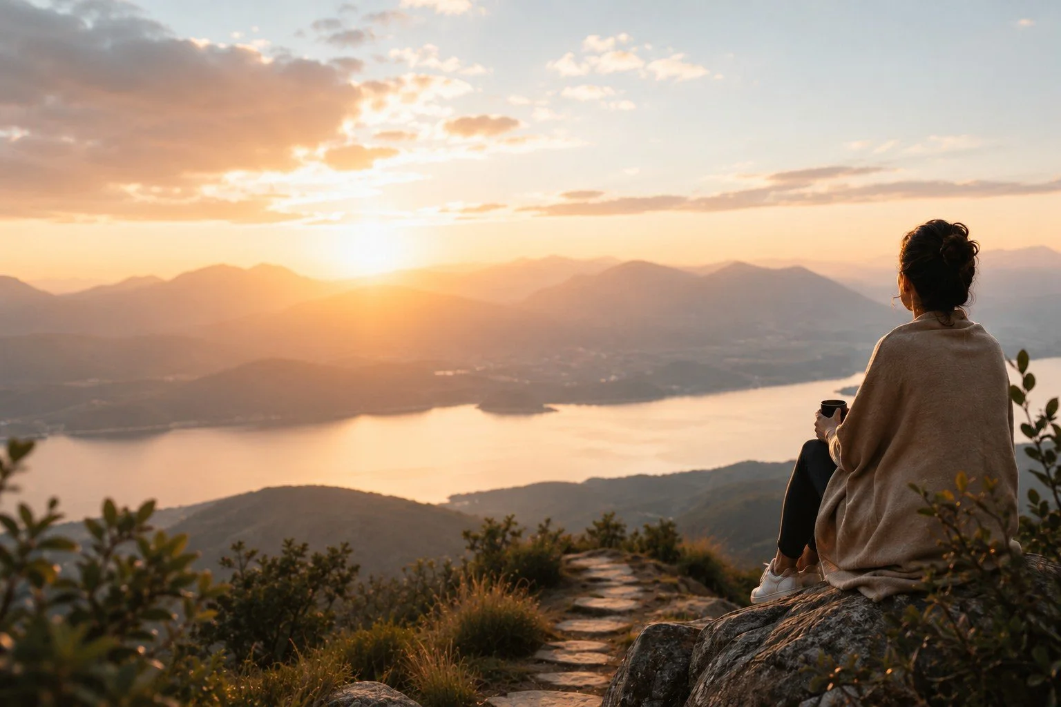 A woman sits on a rocky ledge overlooking a mountain landscape and a body of water during sunset, holding a mug.