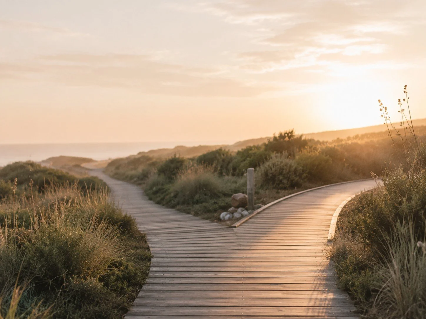 A wooden boardwalk path winding through coastal dunes with grasses and shrubs, during a sunset with a warm glow in the sky.