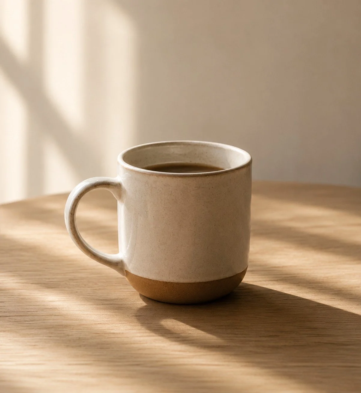 A beige ceramic mug filled with coffee on a wooden table, with soft natural light and shadows in the background.
