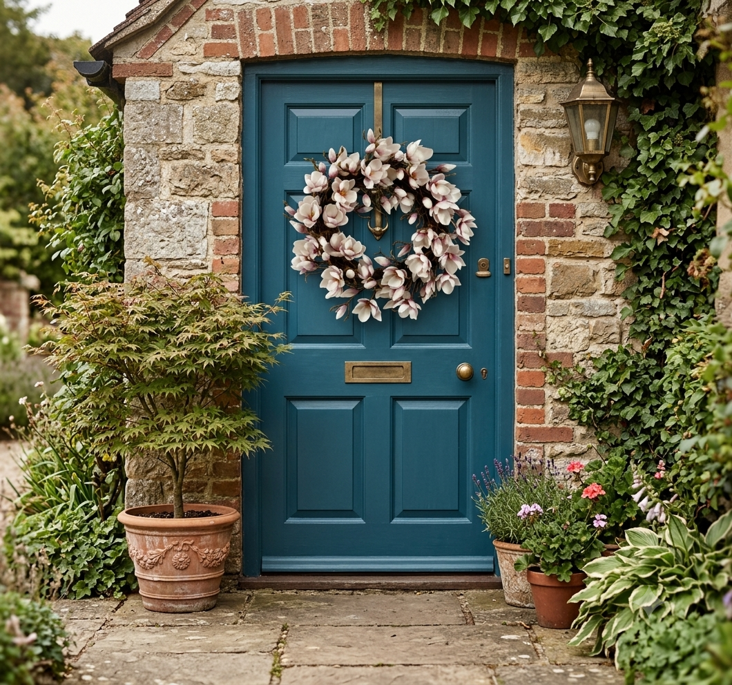 A blue front door decorated with a wreath of magnolia flowers, surrounded by potted plants and greenery in a stone and brick house entrance.