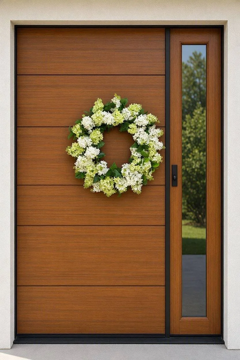 Front door decorated with a white and green floral wreath.