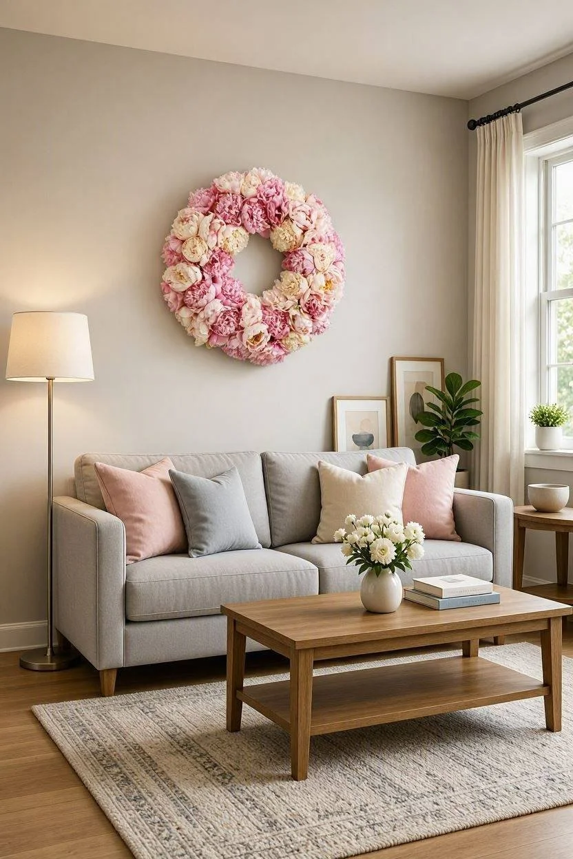 Living room with a light gray sofa decorated with pink, gray, and beige pillows, a wooden coffee table with a white vase of white flowers, a floor lamp, framed art leaning against the wall, a side table with a potted plant and a bowl, a window with white curtains, and a large floral wreath in shades of pink and white on the wall.