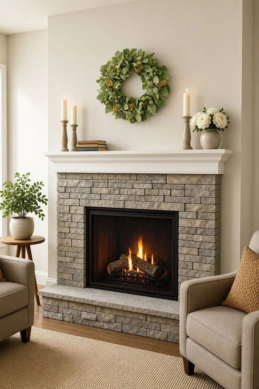Living room with a brick fireplace, mantle decor including candles, books, a vase with white flowers, and a green plant on a side table. A wreath hangs above the mantle, and chairs are partially visible on either side.