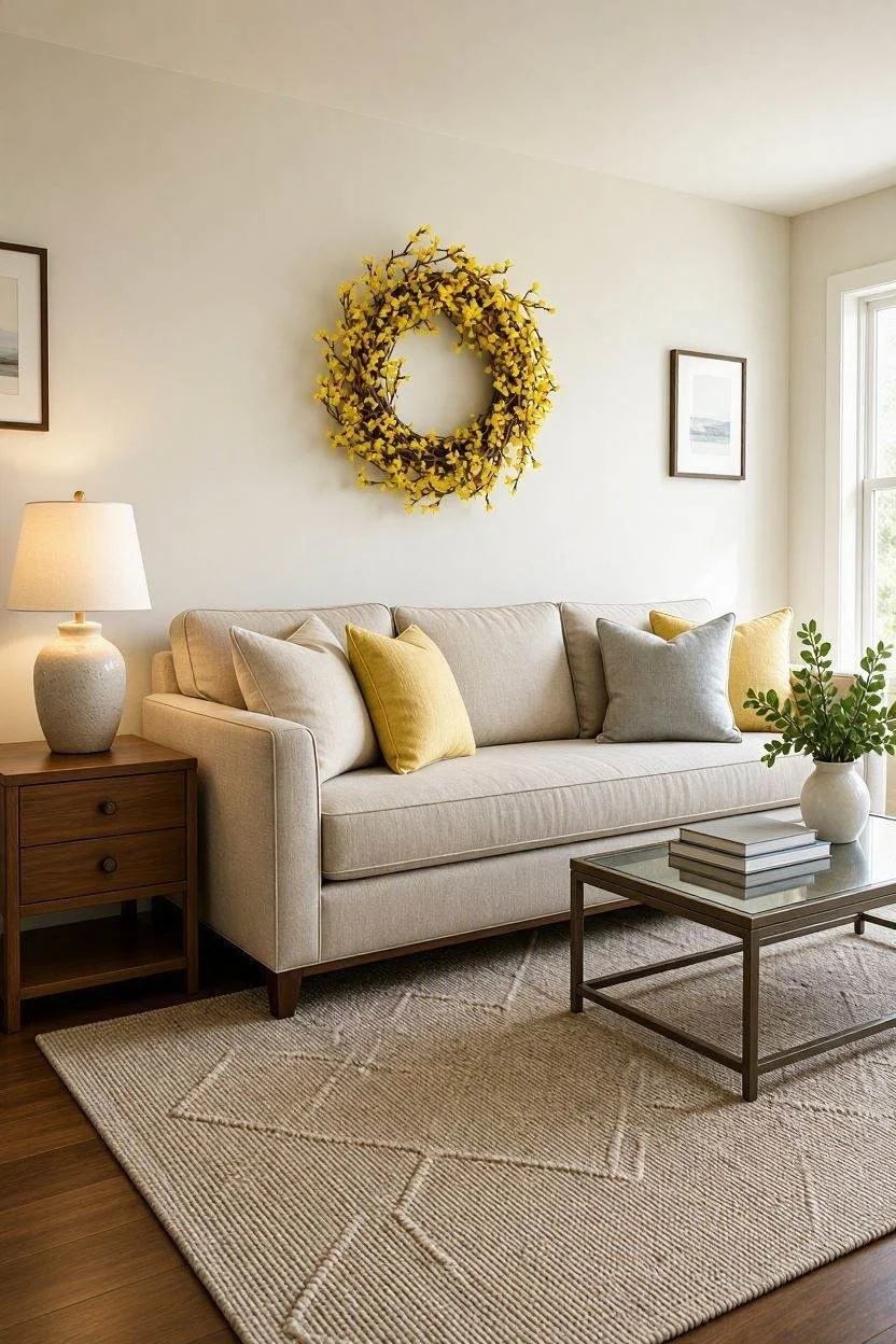 A bright living room with a beige sofa, yellow and gray cushions, a wooden side table with a white lamp, a glass-top coffee table with books and a white vase with greenery, a cream-colored rug, a yellow floral wreath on the wall, and framed artwork.