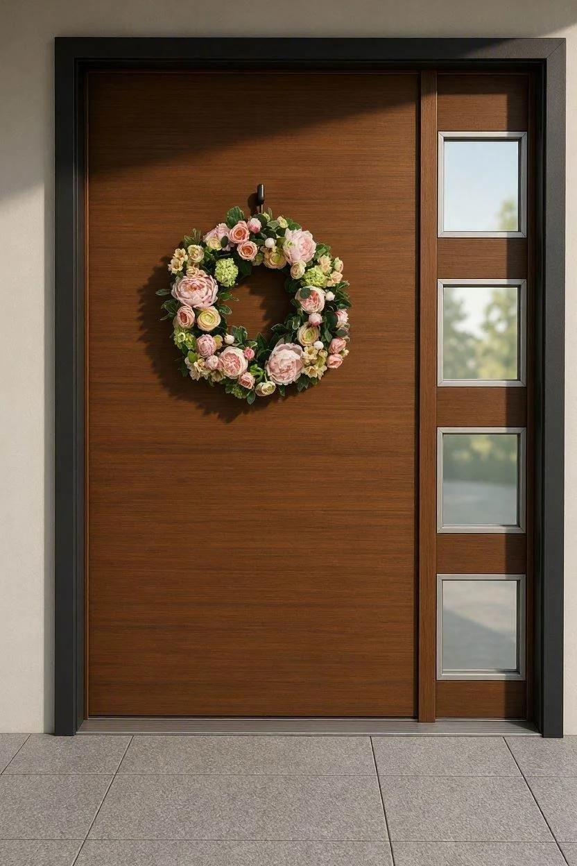 A wooden front door decorated with a pink and white floral wreath, with four small, square windows on the right side.