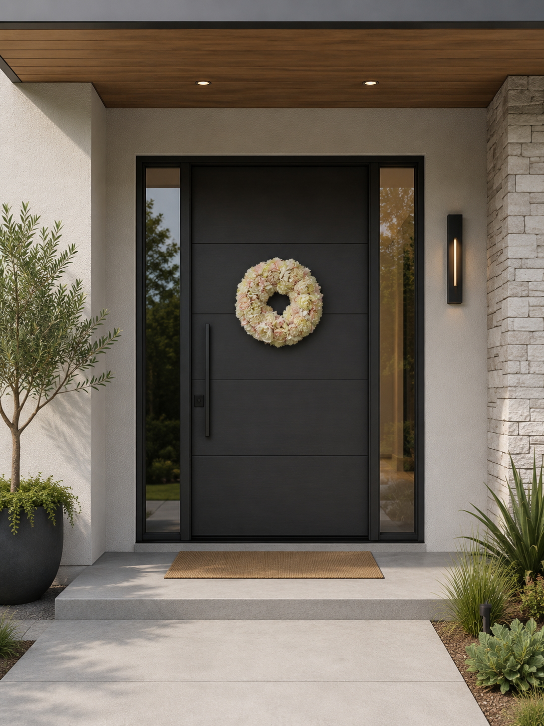 Modern house front door with black color, decorated with a floral wreath, flanked by side windows, with outdoor lighting and potted plants on either side.
