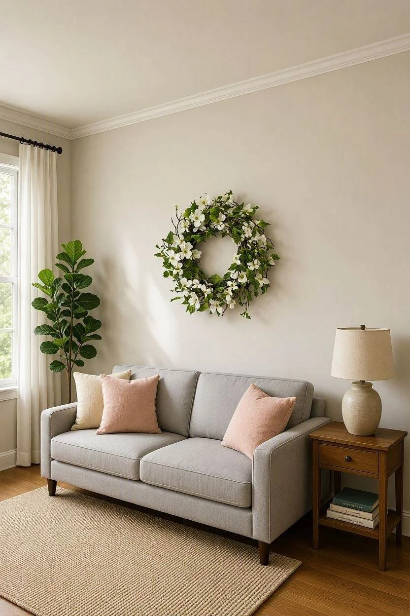 Living room with a gray sofa, pink pillows, a wooden side table with books and a lamp, green plants, and a flower wreath on the wall.
