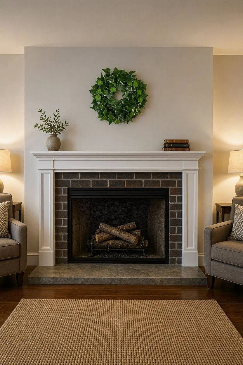 Living room with a brick fireplace, white mantel, green wreath, framed by two lamps and armchairs, with a beige rug.