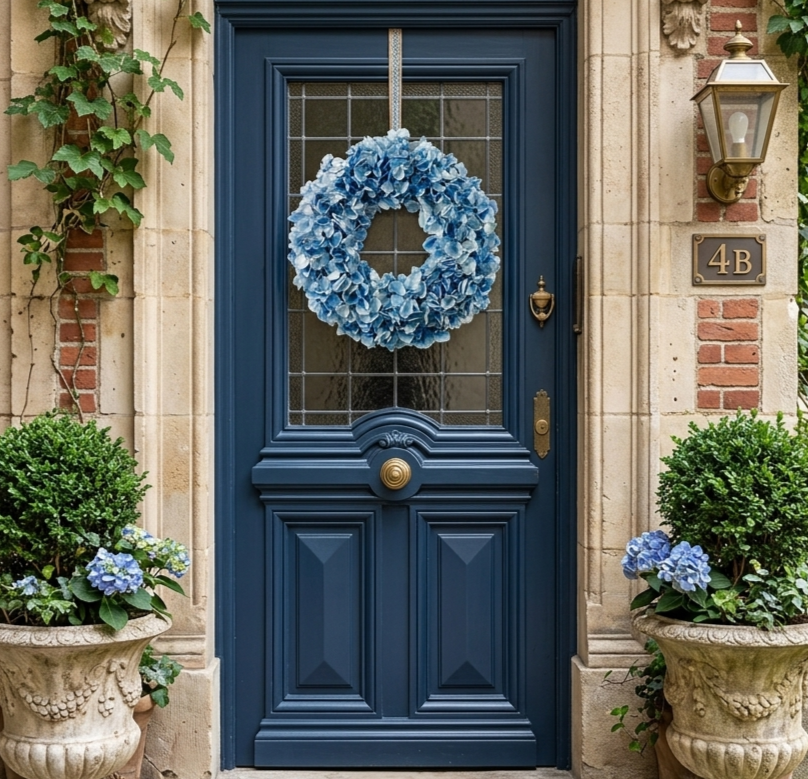 A blue front door decorated with a blue hydrangea wreath, flanked by two planters with blooming hydrangeas, and surrounded by brick and stone architecture.