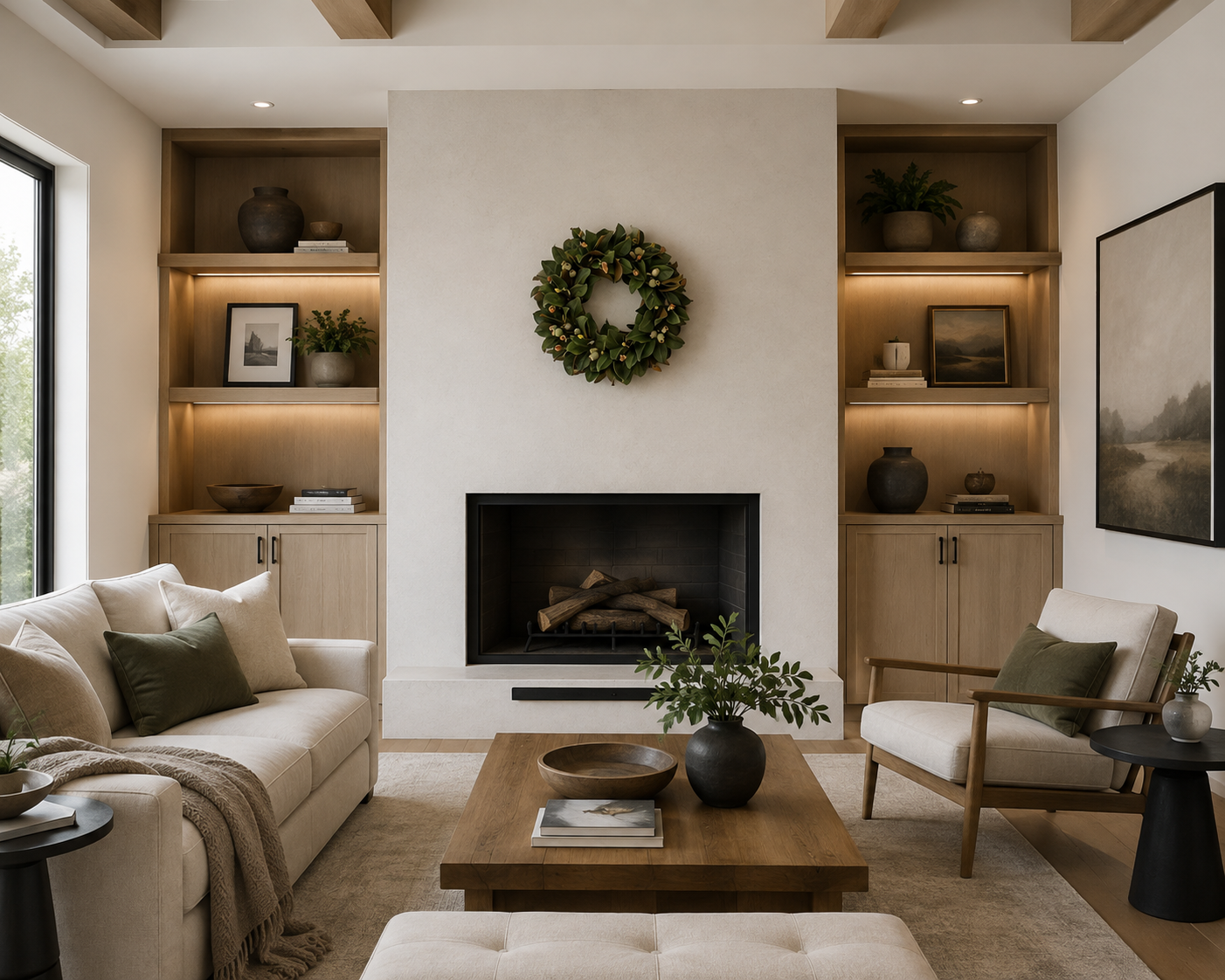 Cozy living room with a central fireplace, framed by two built-in wooden shelves with decorative objects and framed photos, beige sofa with green pillows, armchair with a green pillow, and wooden coffee table with a vase and bowl, in natural and neutral tones.