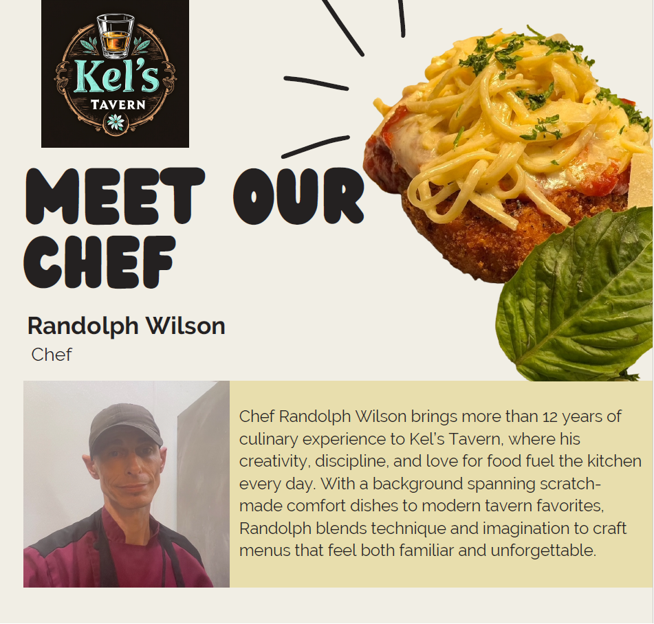 Meet our chef Randolph Wilson and an image of a breaded dish topped with pasta, cheese, and herbs, with a basil leaf next to it, at Kel's Tavern.