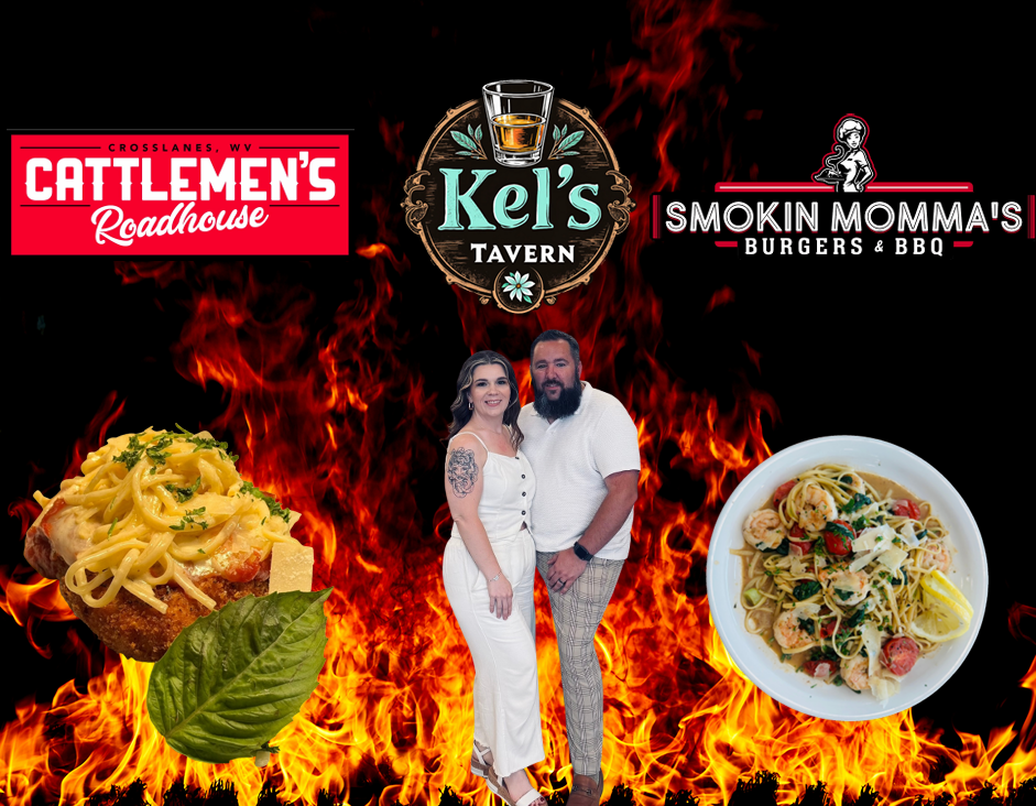 A promotional collage featuring three restaurant logos: Cattlemen's Roadhouse, Kel's Tavern, and Smokin Momma's Burgers & BBQ. The background is black with animated flames and smoke. In the foreground are images of a plate of pasta, a plate of baked spaghetti, and a couple standing together.