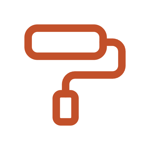 Icon of a paint roller with a handle and roller head in brown on a black background.