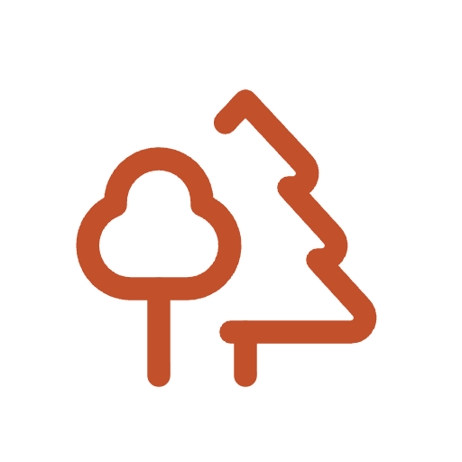 Illustration of a simple tree icon in brown and a stylized pine tree in green.