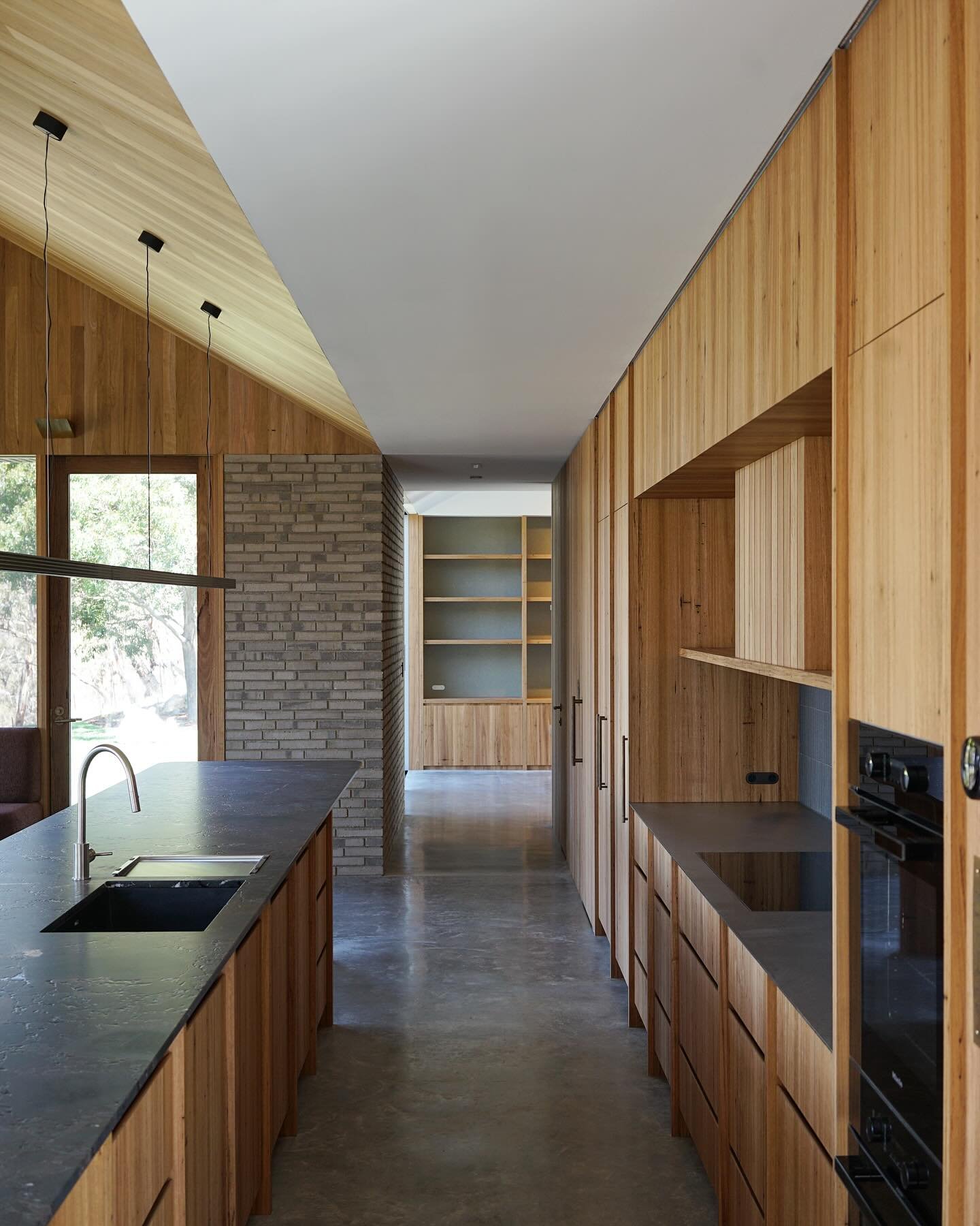 Completion of our snowy mountains house  earlier this month before the furniture arrived. Blackbutt timbers, coloured upholstery and fabrics, hydronic heated concrete floors and grey @krausebricks were used throughout to bring warmth and a natural fe