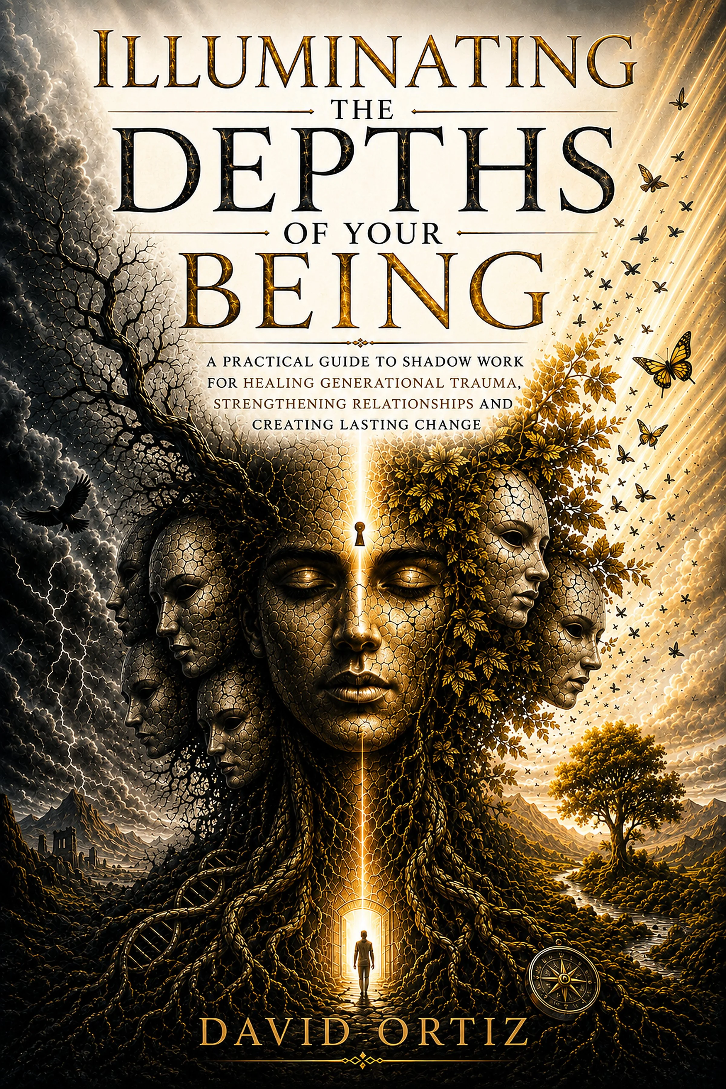 Book cover titled "Illuminating the Depths of Your Being" by David Ortiz. The cover features a surreal scene with a large, multifaceted human head with multiple faces and closed eyes, surrounded by tree branches, butterflies, and a landscape with mountains, a river, and a cloudy sky. A person stands at an open door at the bottom center, illuminated by a bright light.