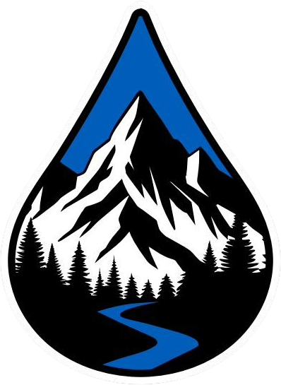 Local plumbing logo. A stylized mountain landscape inside a water droplet shape, featuring snow-capped mountains, pine trees, and a winding river.
