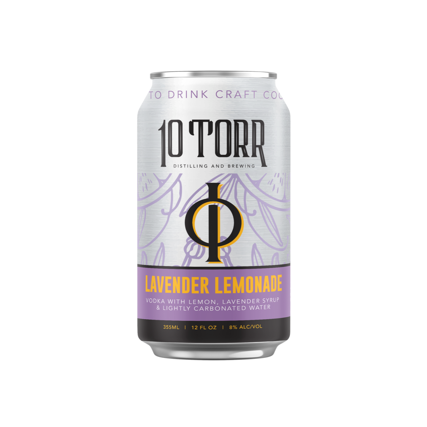 A can of 10th Torr Lavender Lemonade flavored craft cocktail, containing vodka, lemon, lavender syrup, and lightly carbonated water, with an alcohol content of 8% by volume.