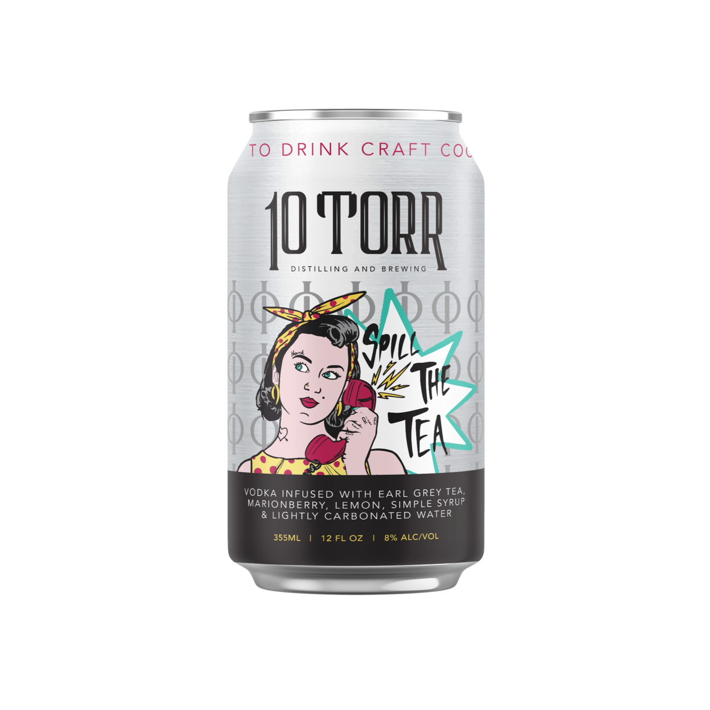 A can of 10 Torr vodka infused with Earl Grey tea, marionberry, lemon, simple syrup, and lightly carbonated water.