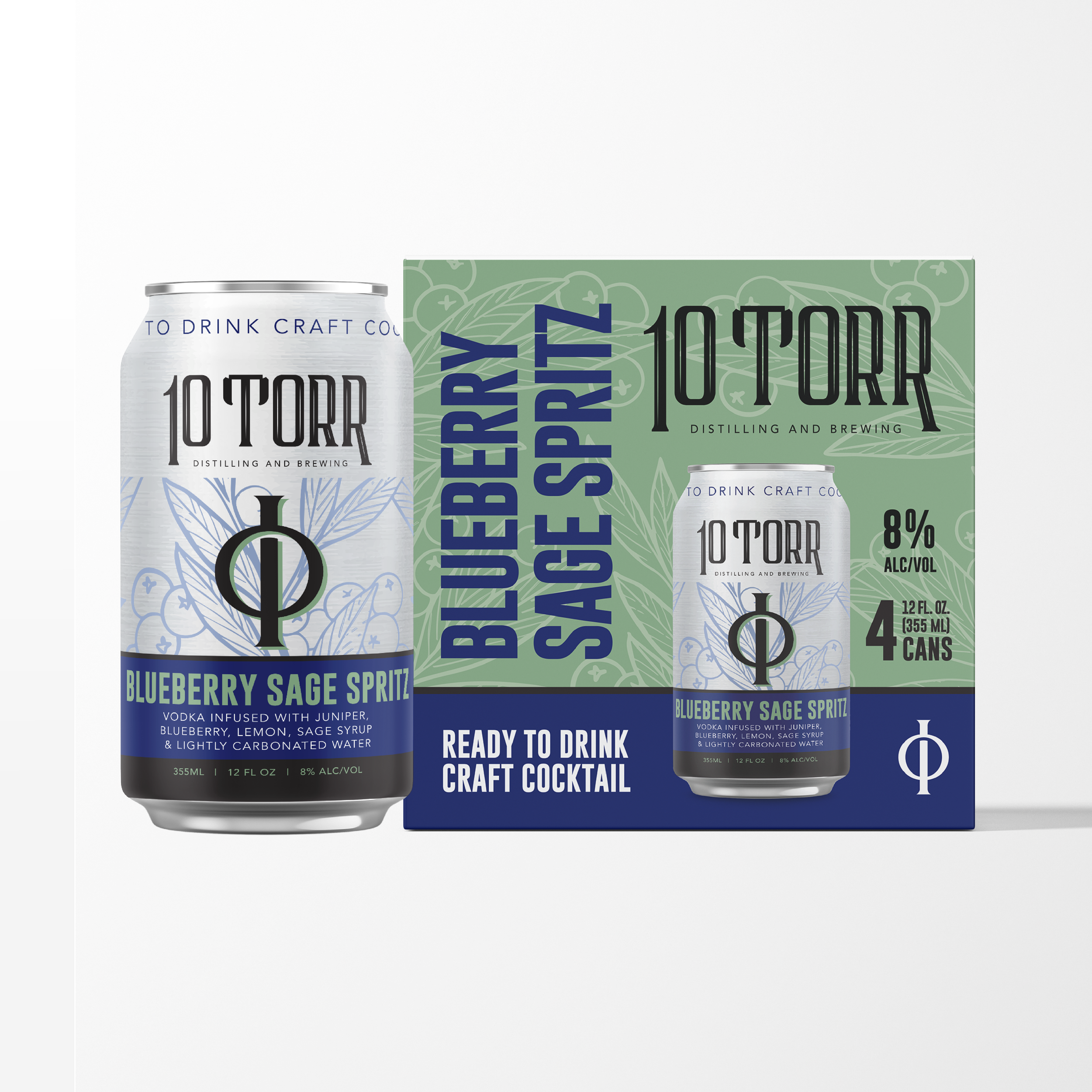 Can and 4 pack box of 10 Torr Blueberry Sage canned cocktial.