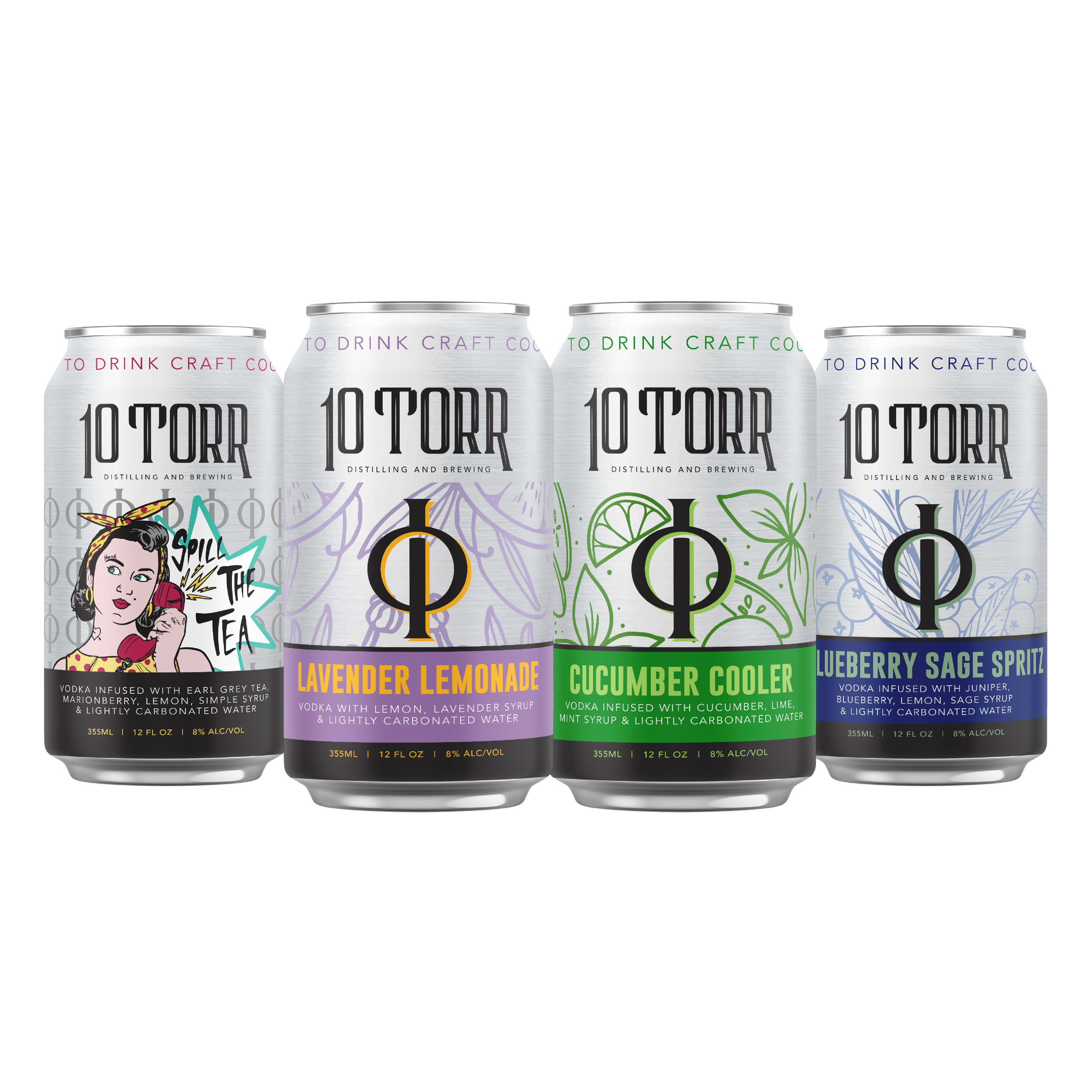 Four canned craft cocktails with colorful labels, including lavender lemonade, cucumber cooler, blueberry sage spritz, and one partially visible. The cans feature artistic illustrations and text describing the drink ingredients.