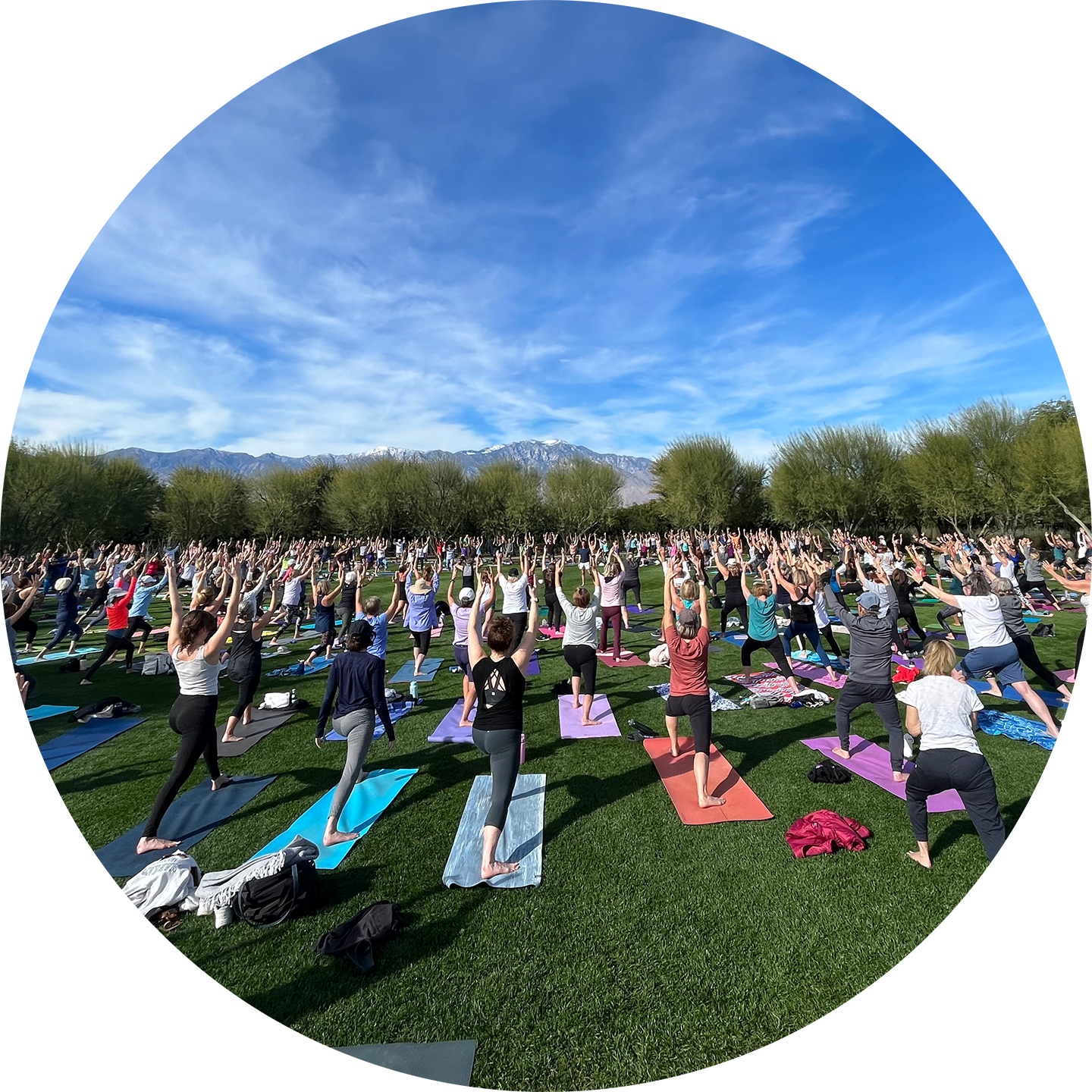 Large outdoor yoga class with many participants practicing yoga on mats, mountains in the background, and a partly cloudy blue sky.
