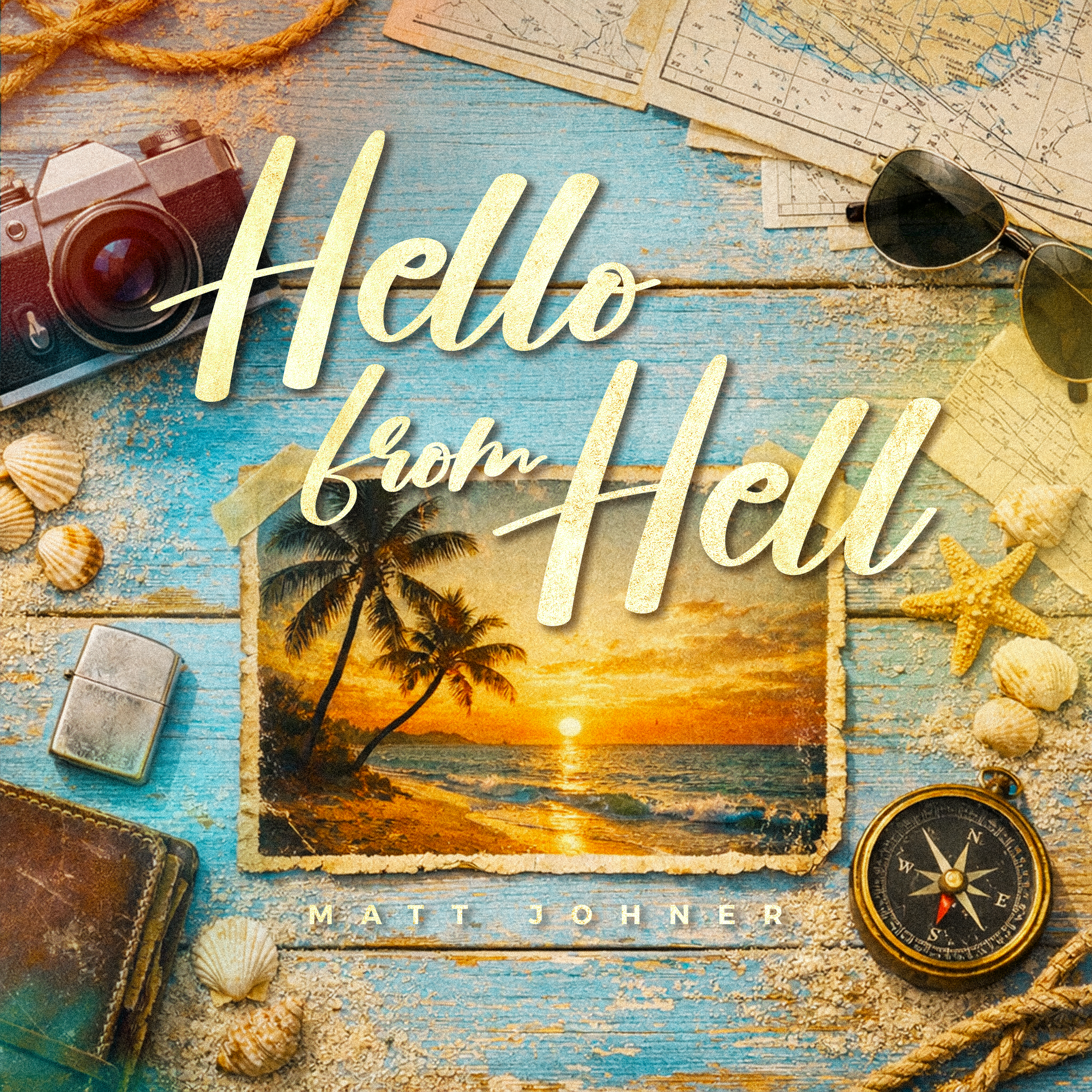 Matt Johner. A flat lay of travel-themed items including a vintage camera, seashells, a compass, a map, sunglasses, a piece of rope, and scattered sand on a weathered blue wooden surface, with the overlay text 'Hello from Hell'.