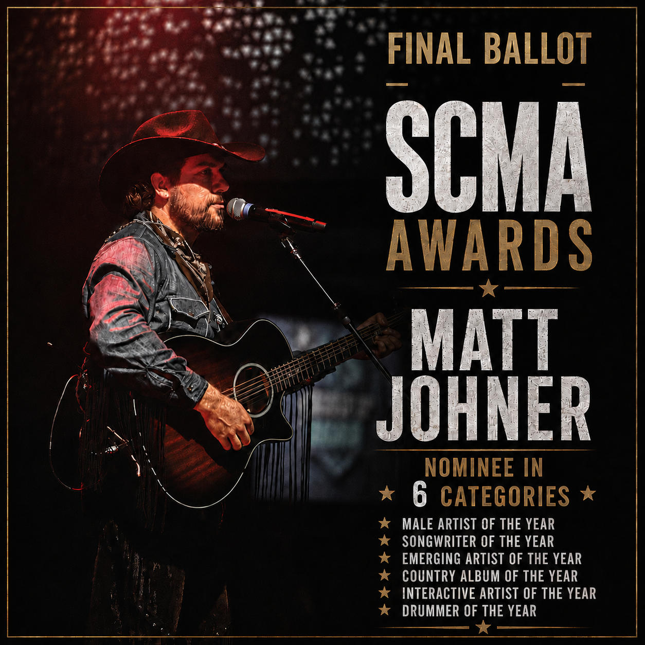 Poster for the SCMAs awards featuring country singer Matt Johner playing guitar and singing into a microphone, with text highlighting his nominations in six categories.