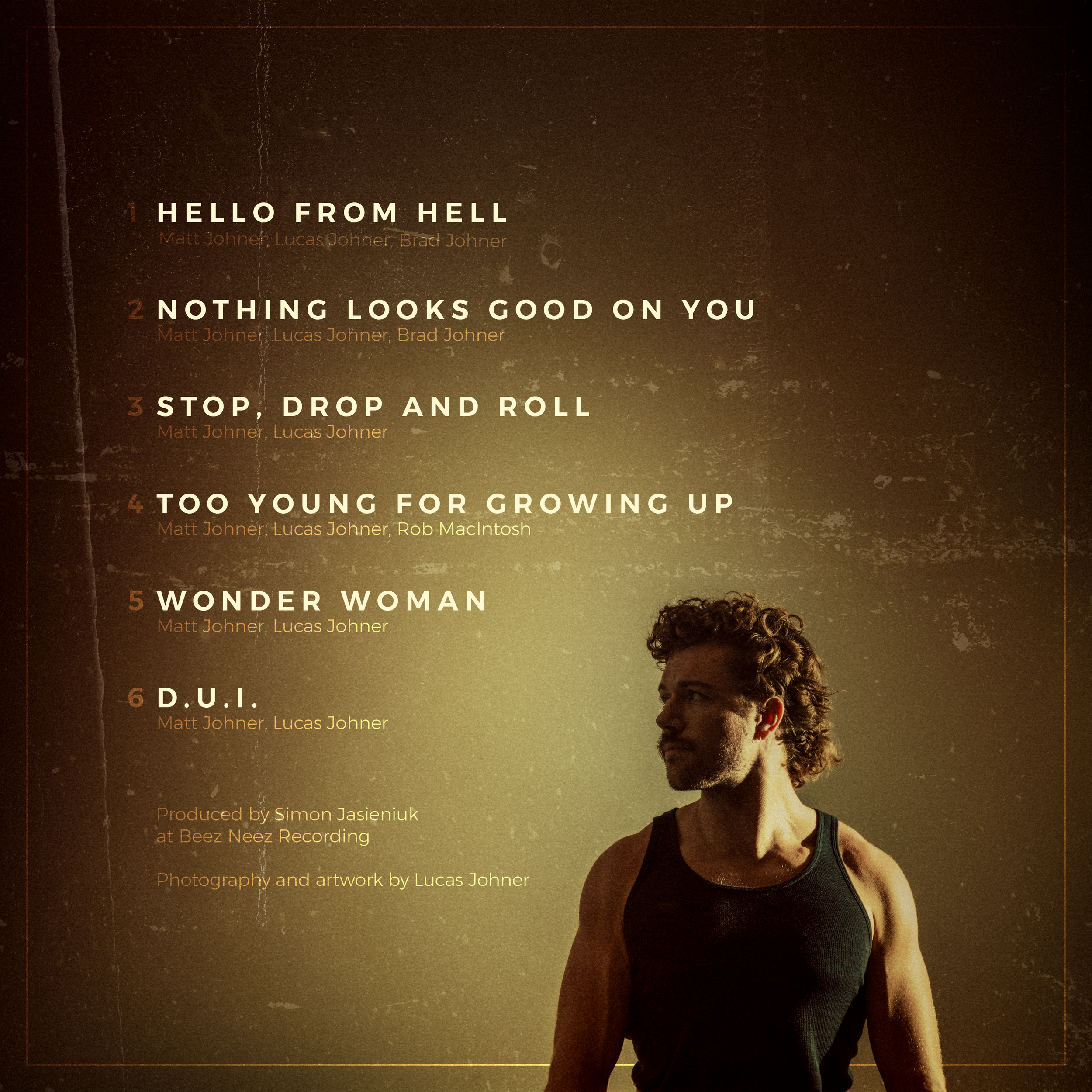 Matt Johner - Luckiest Man Around. Part of a promotional poster for a photography and artwork exhibition by Lucas Johner, featuring a man with curly hair and a beard wearing a sleeveless shirt, looking to the side, with a textured dark background.