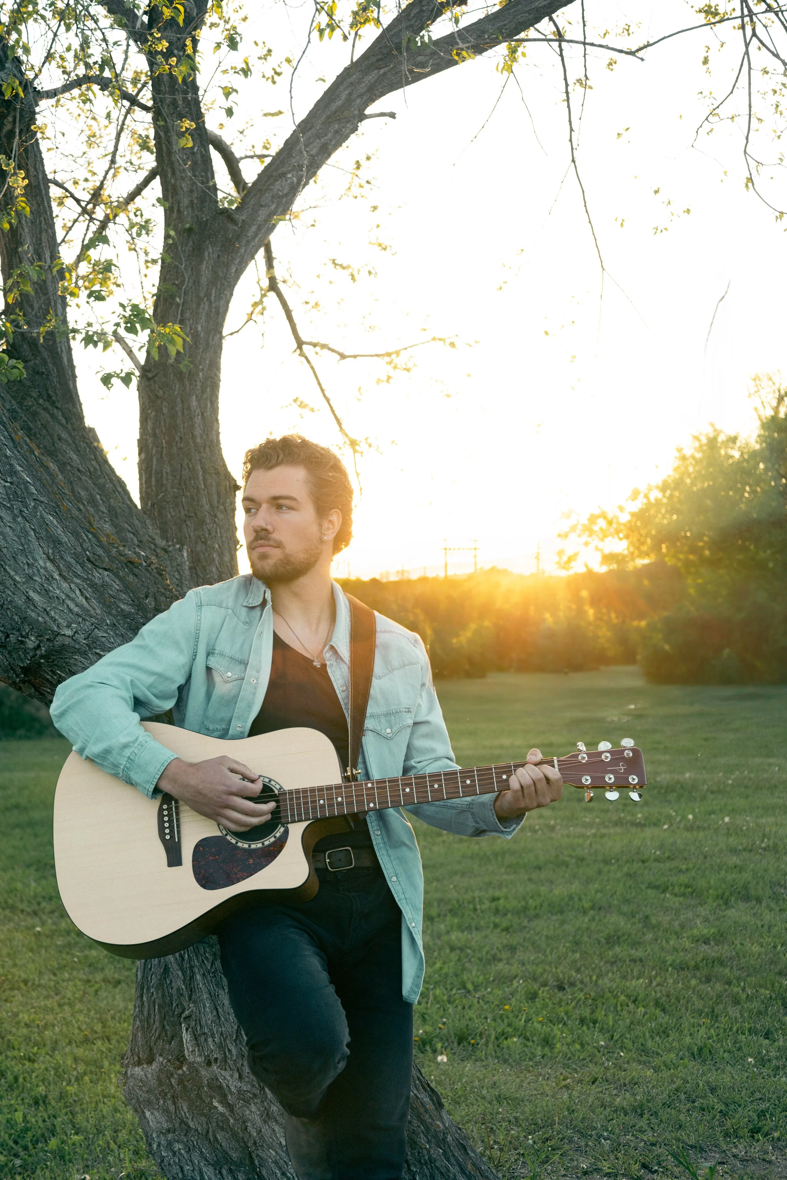 A young man with curly hair and a beard, wearing a denim jacket and dark jeans, is leaning against a large tree trunk outdoors in a park during sunset. He is holding an acoustic guitar and looking to the side as the sun sets behind him, creating a wa
