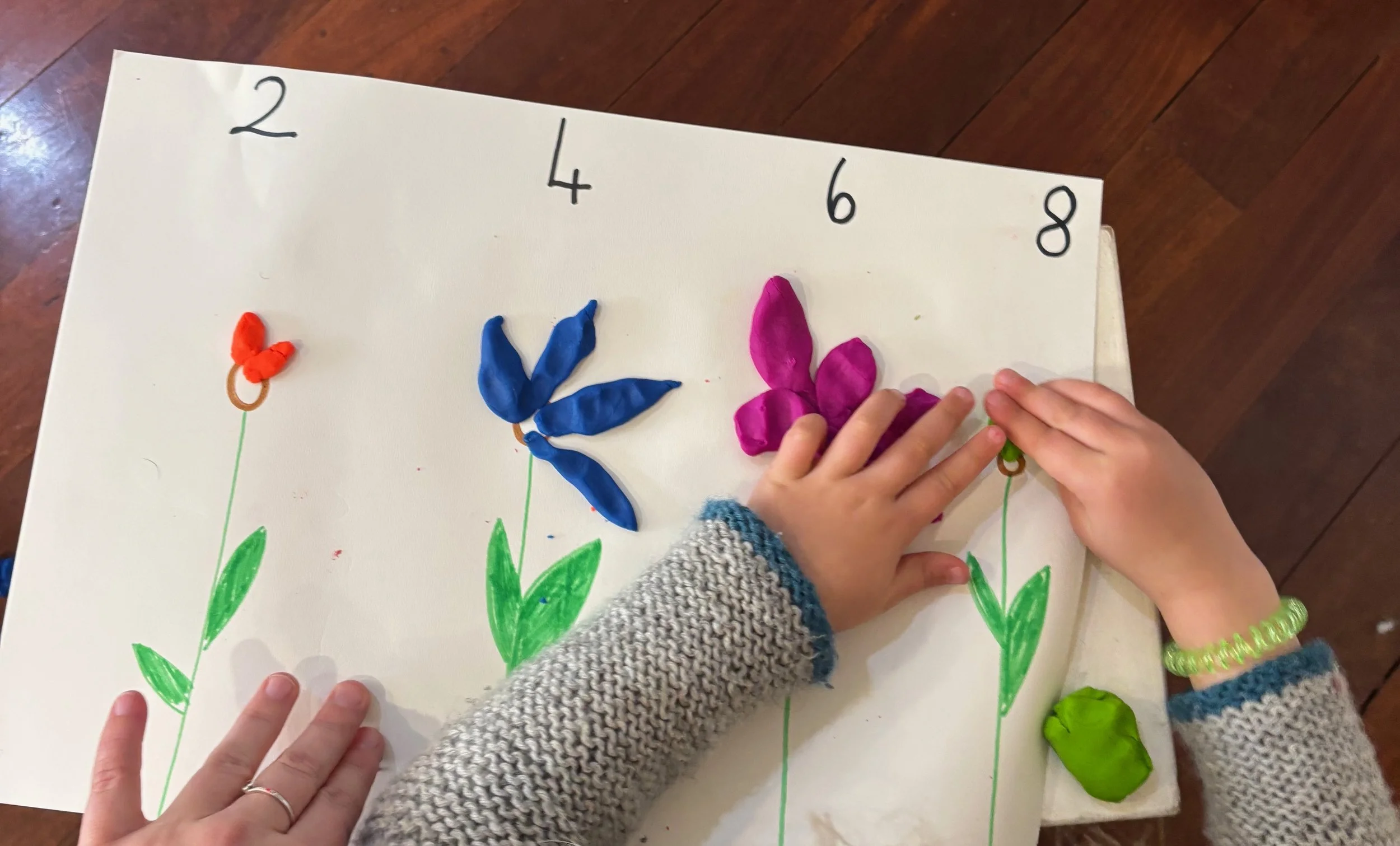 Child's hands creating colored Play-Doh flowers on paper, with a numbered timeline from 2 to 8 at the top.