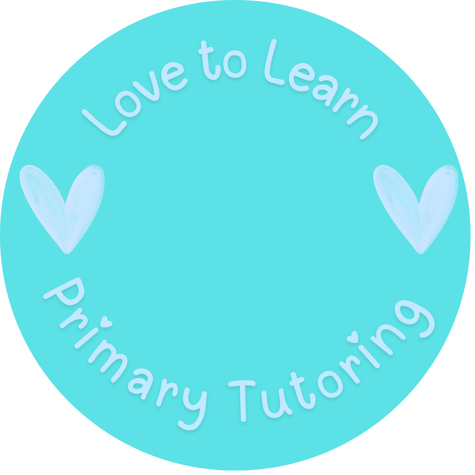 Close-up of a teal circular sticker that says 'Love to Learn' in light blue text, with illustrations of white hearts on either side.