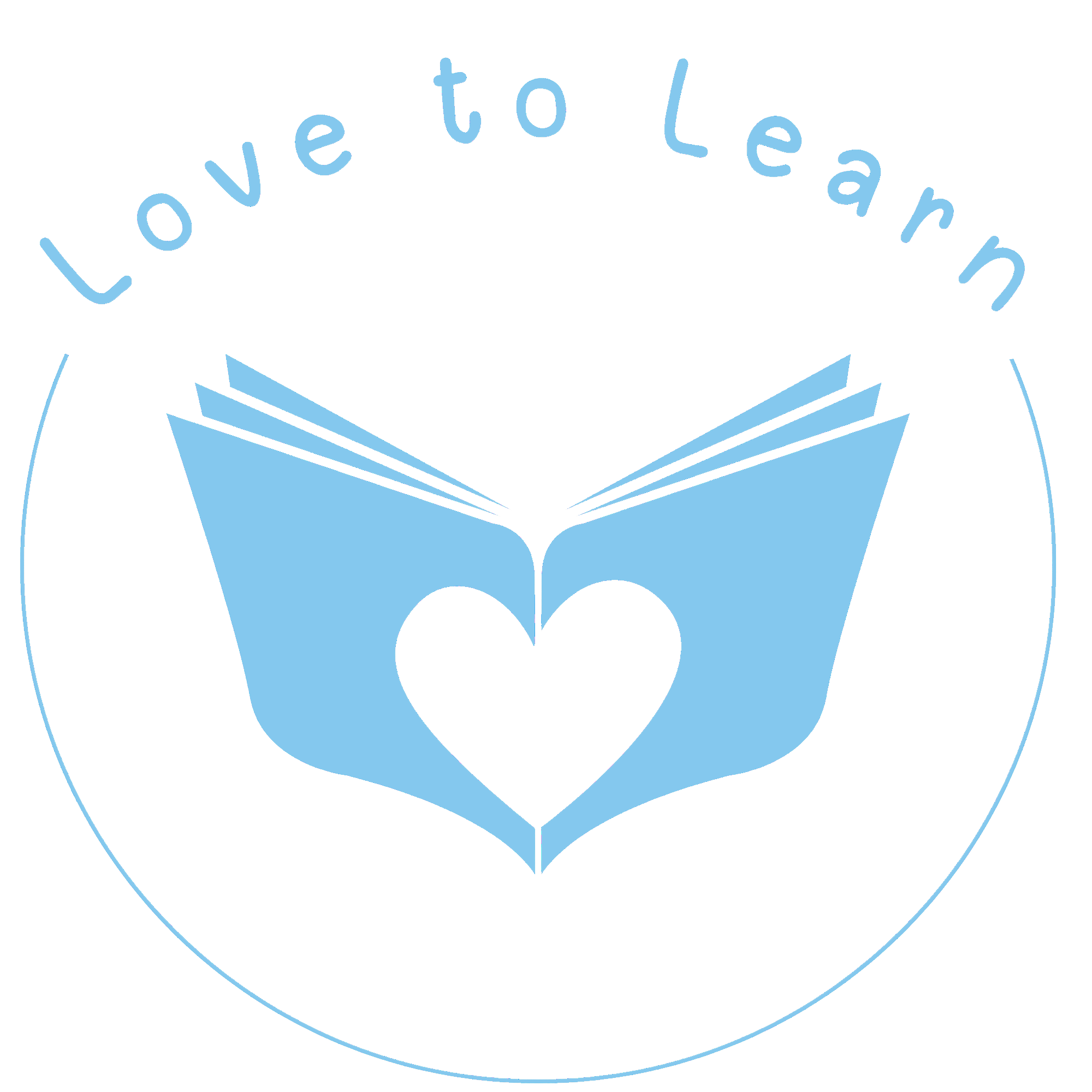 Blue outline of a heart with a stylized open book and the words "Love to Learn" written in blue curved text above the book.