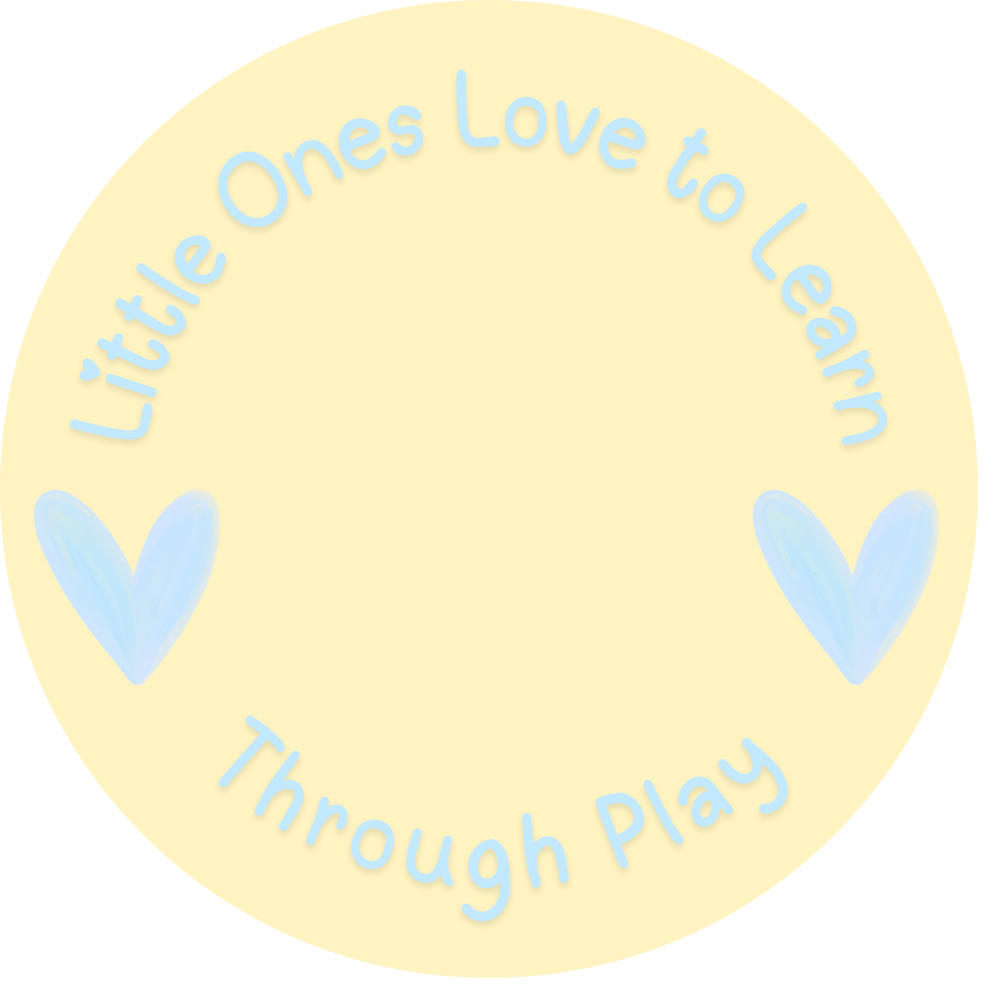 A circular beige background with light blue text saying 'Little Ones Love to Learn' and small illustrations of hearts and leaves.