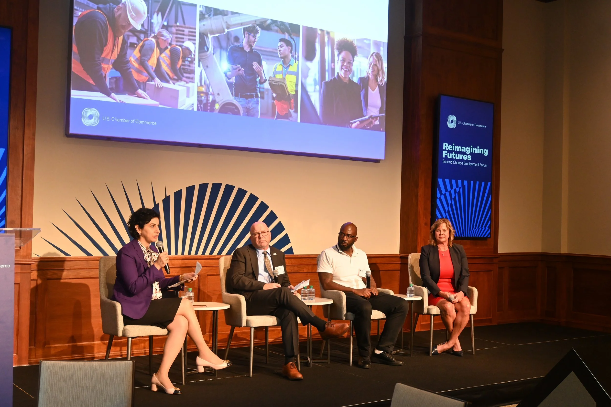 RBIJ CEO Maha Jweied (left) moderated a panel of business and nonprofit leaders from Televerde, the Petey Greene Program, and Arnold Ventures at a Second Chance Employment Forum hosted by the U.S. Chamber of Commerce.