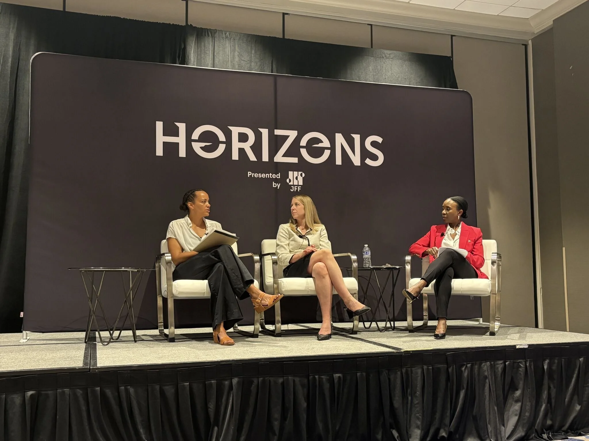 New Orleans, LA: RBIJ Director of Inclusive Hiring Caz Walcott (right) speaks at JFF Horizons 2025 about how public policies influence employer adoption of Second Chance Hiring practices.