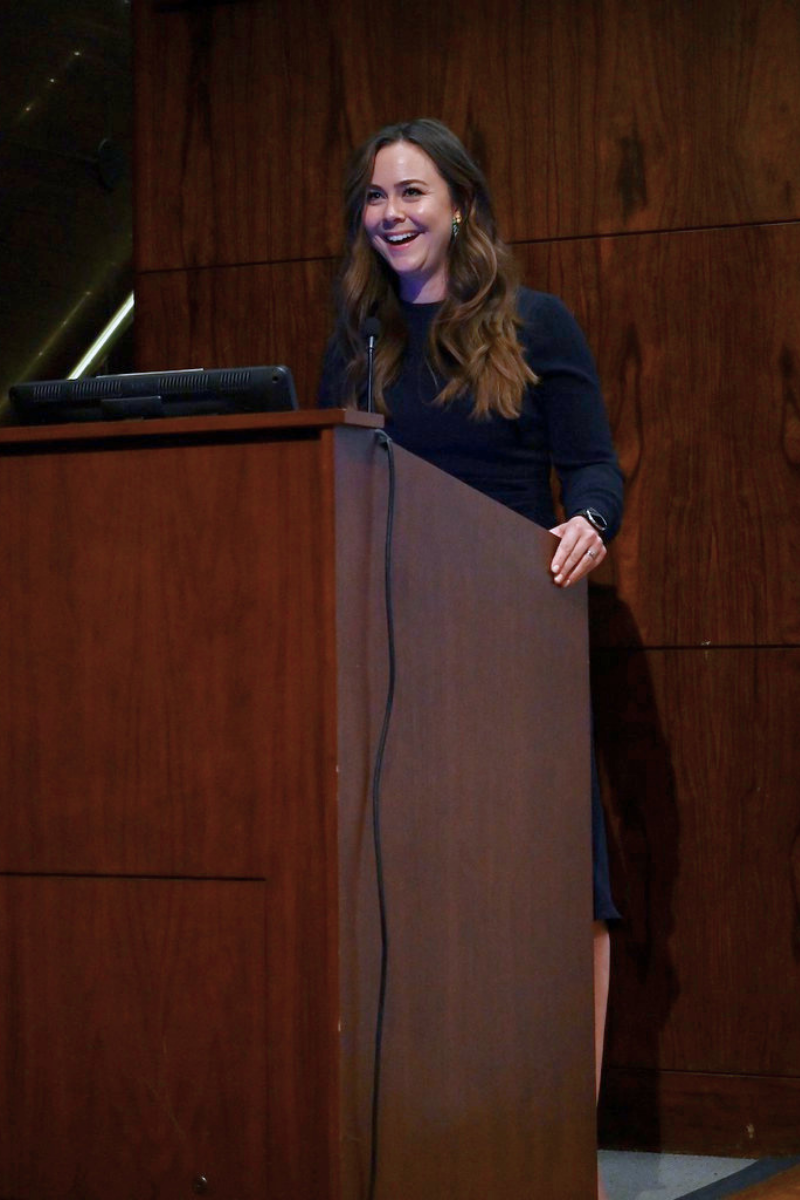 Celia Ouellette, founder of RBIJ, speaking at podium