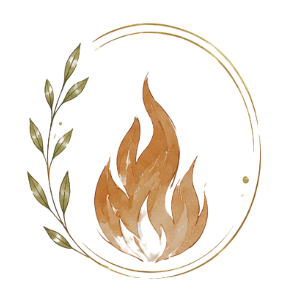 A stylized emblem featuring a golden olive branch on the left, a red, orange, and yellow flame in the center, and a purple curved arc on the right.