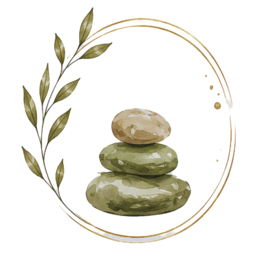 Decorative illustration of three stacked smooth stones, a branch with leaves, and a circular golden frame.