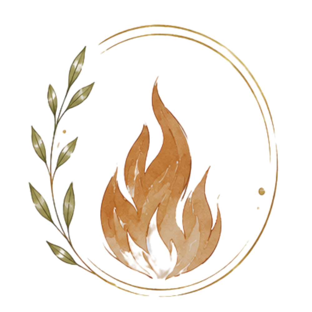 A circular emblem featuring a flame at the center, surrounded by a laurel branch on the left side.