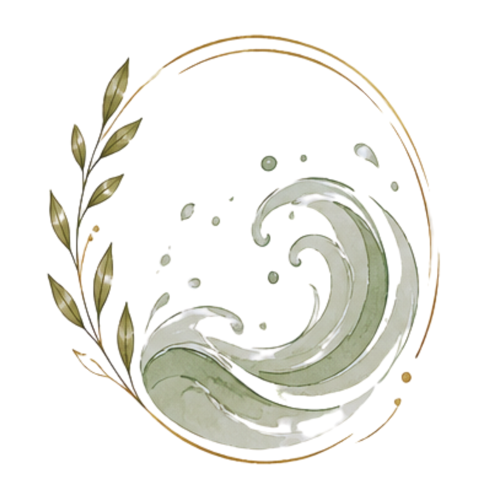 A metallic emblem featuring a wave design surrounded by a wreath of leaves.
