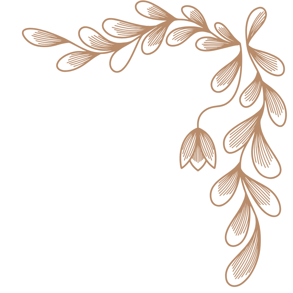 Decorative corner design with floral and leaf patterns in brown on a black background.