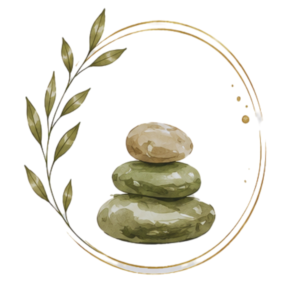 A watercolor illustration of a balanced stack of three stones, with a leafy branch encircling the stones, set within a circular border.